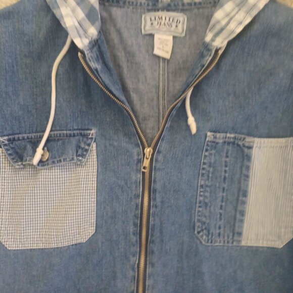 Vintage Limited Jeans Denim Hooded Jacket L Made Hong Kong Patchwork Y2K 90's - Picture 3 of 9